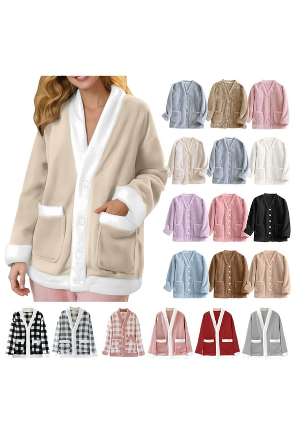 Fleece Pajama Women Cozy Fleece Warm Sleepwear Buttons Down Cardigan Jackets Winter Sherpa Coat Loungewear with Pockets Gray,S