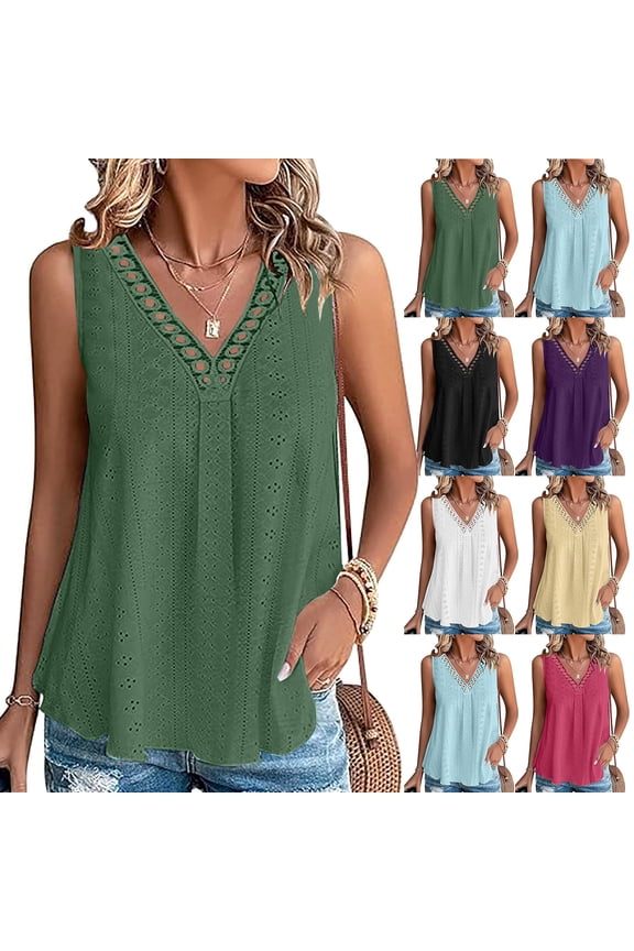 Flowy Tank Tops for Women,Eyelet Summer Sleeveless Tops Ladies Round Neck Basic T-Shirts Casual Loose Fit Tunic 2025 Black,S