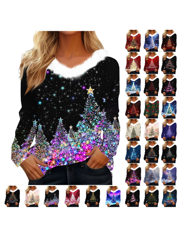 Funny Christmas Tee Shirts for Women White Faux Fur Trim V Neck Shirt Dressy Funny Xmas Tree Snowflake Graphic Tops