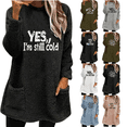 thumbnail image 1 of yoeyez Fuzzy Pullover Tops for Women Letter Print Long Sleeve Crewneck Fuzzy Tunics Winter Warm Sherpa Sweatshirts with Pockets Army Green,S, 1 of 5