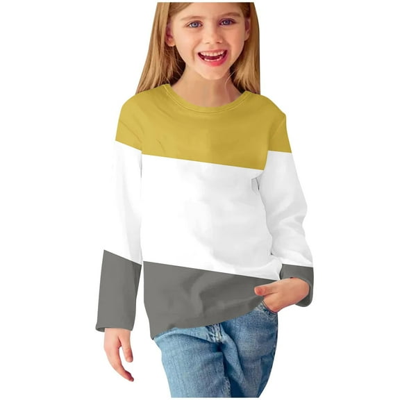 yoeyez Girls Long Sleeve Tops Solid Color Striped Basic Shirts Casual Soft Crewneck Tee Shirt Loose Fit Gradient Stretch Pullover Top for Spring To Winter Base Layer Red 4-5 Years