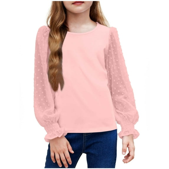 yoeyez Girls Puff Long Sleeve Shirts Lace Polka Dot Chiffon Pullover Tops Casual V Neck/Crewneck Cute Soft Blouses Outwear for Kids Pink 7-8 Years