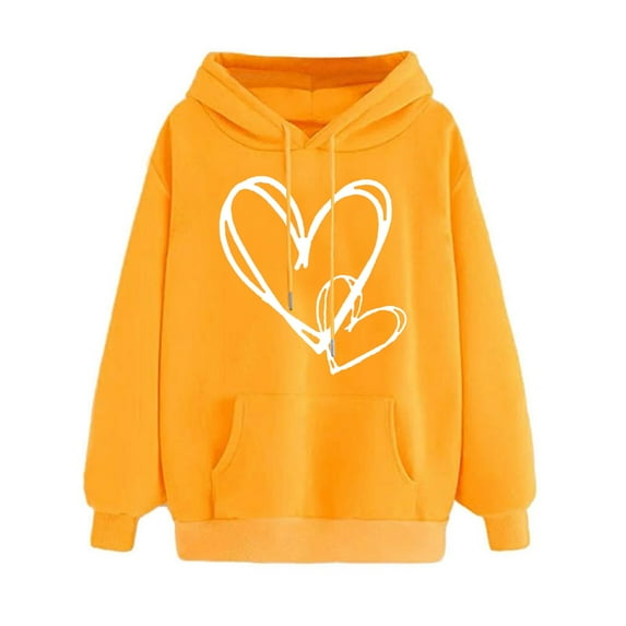 yoeyez Graphic Hoodies for Women Casual Long Sleeve Hooded Sweatshirts Teen Girls Cute Heart Print Sweatshirt Pullover with Pockets Yellow 3XL