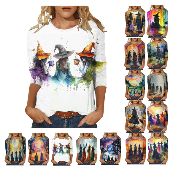 yoeyez Graphic Tshirts for Women Halloween Vintage Witch Shirts 3/4 Sleeve Crewneck Tunic Tops Multicolor,L