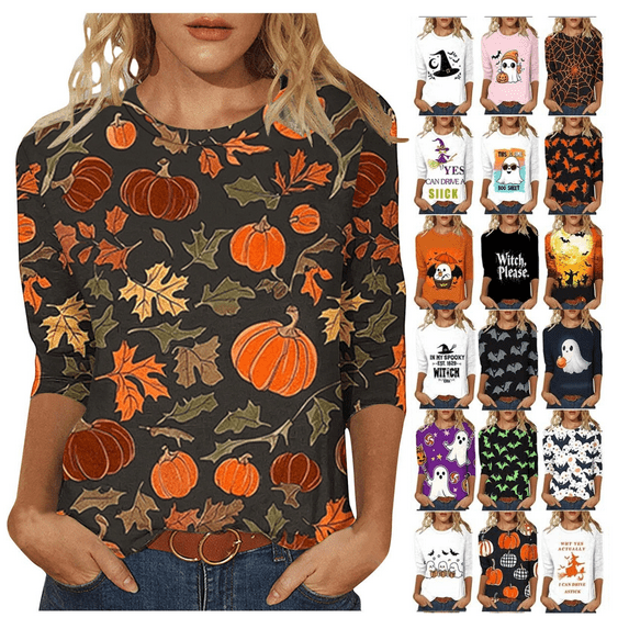 yoeyez Halloween Shirts for Women 3/4 Length Sleeve Women Shirt Vintage Cute Round Neck Casual Loose Tops Red,XL