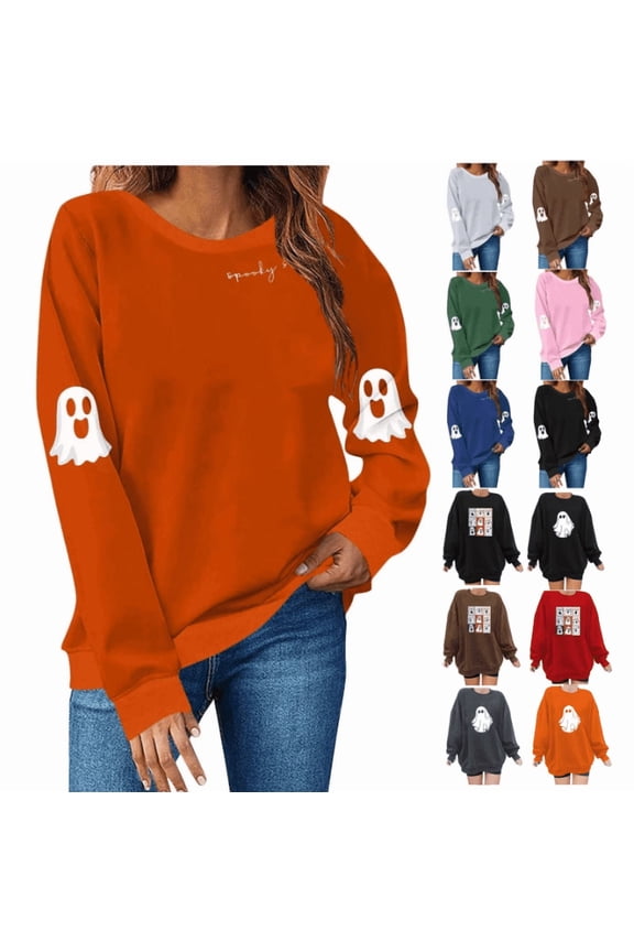 Women Halloween Crewneck Sweatshirts Vintage Funny Ghost Sweatshirt Oversized Fall Pullover Tops Drop Shoulder Tunic Shirts
