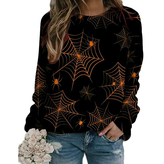 yoeyez Halloween Sweaters For Women 2024 Long Sleeve Crewneck Lightweight Top Vintage Sun Graphic Hippy Clothing