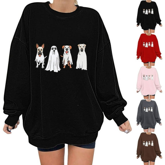 yoeyez Halloween Sweatshirt for Women Oversized Ghosts Graphic Print Long Sleeve Sweatshirts Crewneck Casual Fall Pullover Tops Pink,L