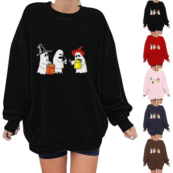 yoeyez Halloween Sweatshirt for Women Oversized Ghosts Graphic Print Long Sleeve Sweatshirts Crewneck Casual Fall Pullover Tops Pink,S
