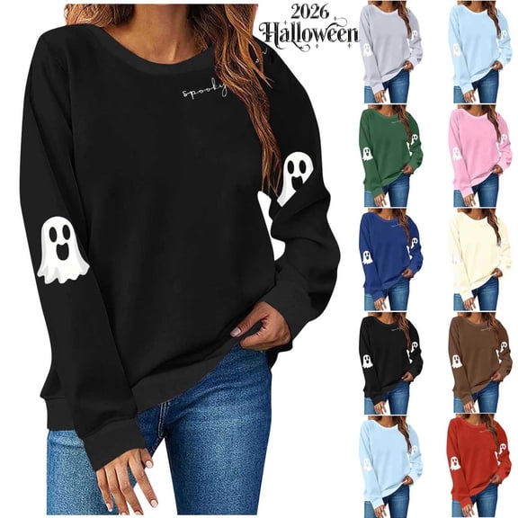 yoeyez Spooky Season Sweatshirt Womens Halloween Shirts Cute Ghost Sweater Oversized Crewneck Graphic Sweatshirts Fall Pullover Tops