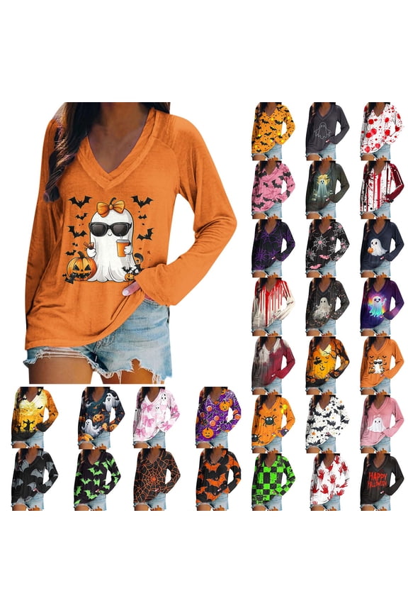 Halloween Womens Tops V Neck Long Sleeve Shirts Cute Funny Graphic Tunic Top Causal Fashion Raglan Sleeves Tee Shirts Pink,S