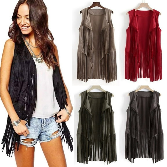 yoeyez Hippie Vest for Women Classic Suede Leather 70S Cowboy Vests Shirt Sleeveless Tassels Cardigan Jackets Khaki,S