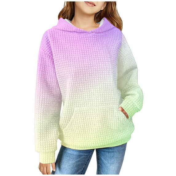yoeyez Hoodies for Teen Girls Waffle Knit Preppy Hooded Sweatshirts Casual Long Sleeve Pullover Tops for Girls Solid Color Classic Sweatshirt with Pockets Beige 8-9 Years