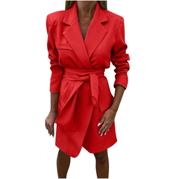 yoeyez Jackets for Women Fashion Dressy Womens Trendy Blazer Dresses Business Casual Outfits Long Sleeve Trench Dress Solid Notched Lapel Jackets with Belt Chaquetas de Mujer