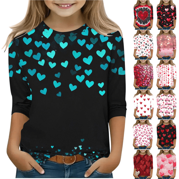 yoeyez Kids Valentines Day Graphics Tees Loose Valentine's Day Tops Crew Neck 3/4 Sleeve Pullover Dressy Casual Pleated Shirts Multicolor,11-12Years