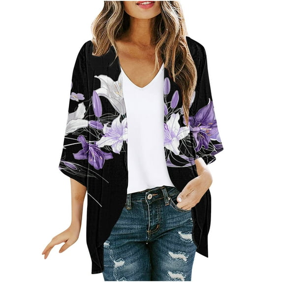 yoeyez Kimono Cardigans for Women Women's Floral Print Chiffon Short Sleeve Blouses Loose Lightweight Summer Beach Cover Up Multicolor,L