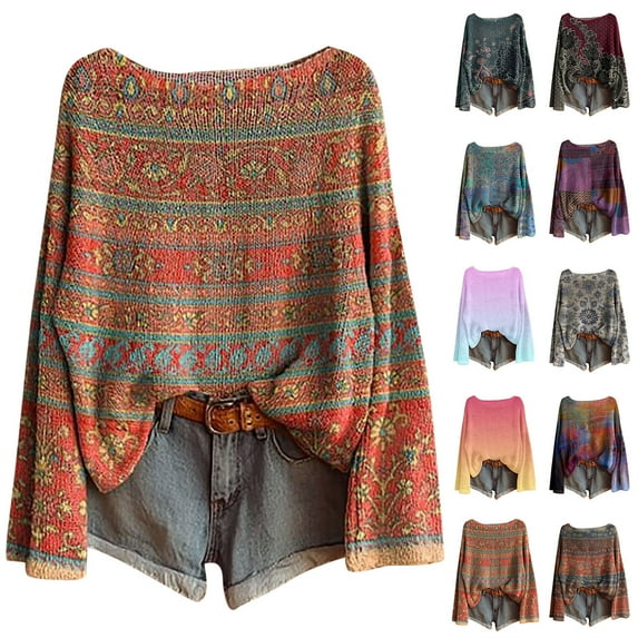 yoeyez Knit Tops For Women Boho Vintage Oversized Shirts Fall Long Sleeve Knitted Tee Ethnic Graphic Cute Casual Pullover Sweaters Green,XL