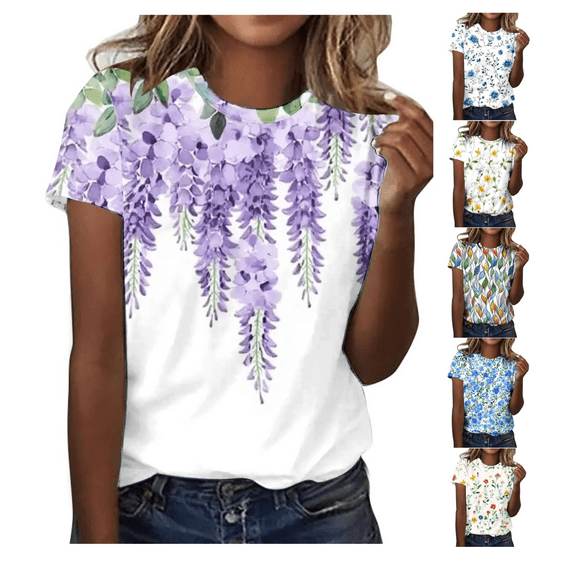 yoeyez Ladies Tops and Blouses Vintage Floral Crewneck Blouse Short Sleeve T Shirts Casual Summer Wildflower Plant Tee Shirts