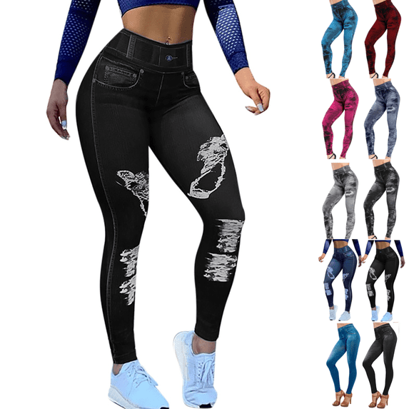 yoeyez Leggings for Women with Pockets Imitation Denim High Waisted Stretchy Yoga Pant Tummy Control Printed Fake Jean Leggings Dark Blue,XL