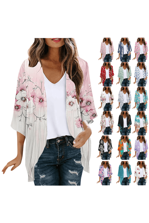 Lightweight Cardigans for Women Floral Print 3/4 Sleeve Kimono Cardigan Loose Cover Up Casual Summer Beachwear 2026 Blue,XL