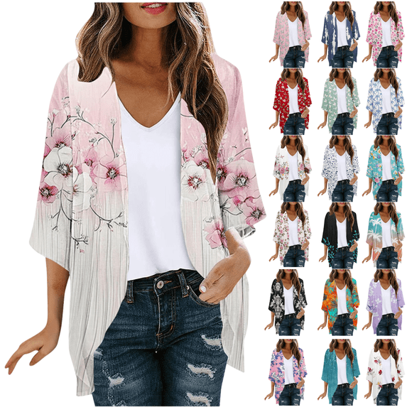 yoeyez Lightweight Cardigans for Women Floral Print 3/4 Sleeve Kimono Cardigan Loose Cover Up Casual Summer Beachwear 2026 Pink,S