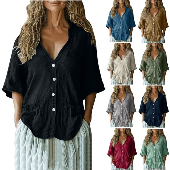 yoeyez Linen Shirts for Women Summer Shirt loose Buttons Down Gauze Casual Long Sleeve Hooded Tops Lightweight Breathable V Neck Hoodies Blouse Navy,M