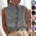 thumbnail image 1 of yoeyez Linen Tank Tops for Women Mandarin Collar Asymmetric Buttons Down Vest Shirts Fashion Sleeveless Turtleneck Work Tops Navy,XL, 1 of 7