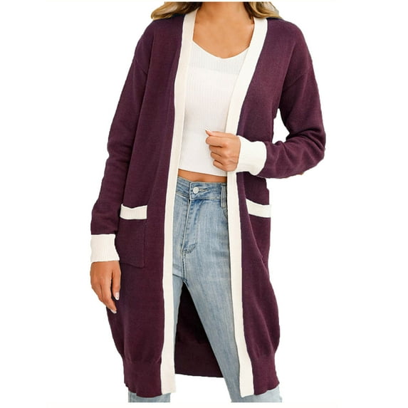 yoeyez Long Cardigan Sweaters for Women Knit Color Block Pocket Long Sleeve Open Front Lightweight Aesthetic Crochet Coats