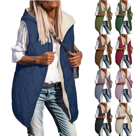 yoeyez Long Puffer Vest Women Hooded Sleeveless Quilted Vest Zip up Fleece Lined Jacket Fashion Casual Warm Winter Coats Outerwear Pockets
