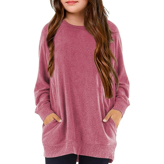 yoeyez Long Sleeve Shirts for Teen Girls Solid Casual Preppy Basic Tops Crewneck Loose Fit Pullover Tops for Girls Classic Spring T-shirt with Pockets Green 7-8 Years