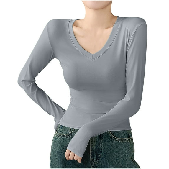 yoeyez Long Sleeve Shirts for Women Crewneck Comfy Basic Layer Tees Stretch Slim Fitted Undershirt Solid Color Bottoming Shirt Blouse Tops Gray,M