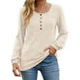 thumbnail image 1 of yoeyez Long Sleeve Shirts for Women Round Neck Casual Lightweight Tops Buttons Knitted Stripe Pullover Tunic Fashion Clothes 2025 Beige L, 1 of 4