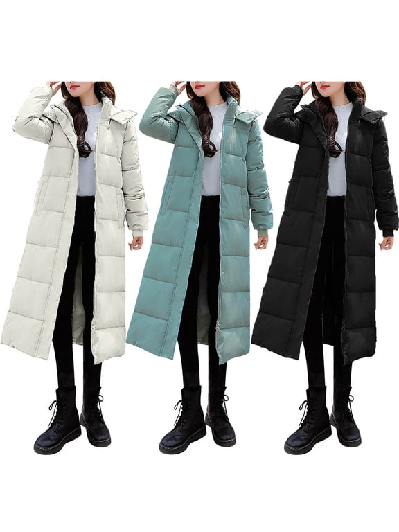 Long Winter Coats for Women Warm Hooded Zipper Puffer Jacket Long Sleeve Parka Full Length Down Coats Outerwear Beige,L