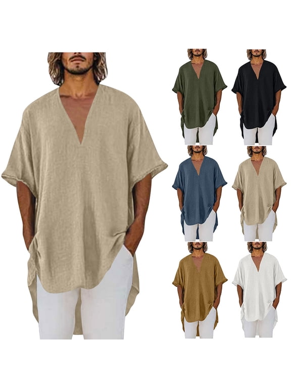 Mens Linen Tunic Shirt Deep V Neck Loose Fit Pullover Blouse Oversized Casual Summer Beach T Shirts Fashion Street Wear 2026 Yellow,M