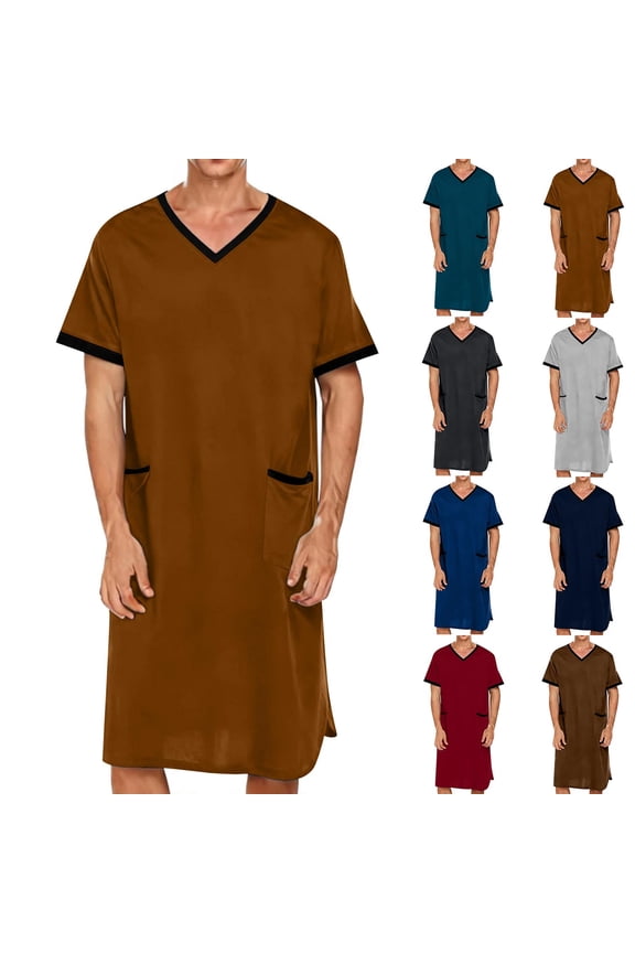 Mens Nightshirt V Neck Short Sleeve Nightgown with Pockets Soft Loose Sleepwear Scrubs Shirts Lightweight Comfy Henley Sleep Shirt Brown,M