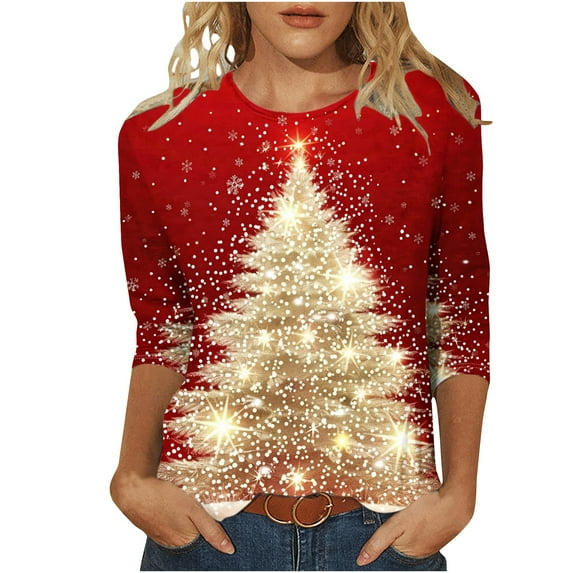 yoeyez Merry Christmas Shirt for Women 3/4 Sleeve Tops Christmas Printed Graphic Blouse Tees Cute Reindeer Snowflake T Shirts on Clearance Christmas Gifts Multicolor 4XL