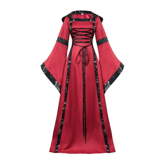 yoeyez Midi Dresses for Women Womens Retro Halloween Dresses for Women Medieval Viking Costume Plus Size Renaissance Dress Witch Dress With Hooded Vestidos Casual Es para Mujer