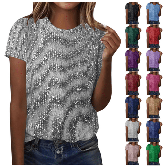 yoeyez New Year Eve Outfit Sparkly Tops for Women Short Sleeve Sequin Top Round Neck Party Glitter Tees for Holiday Evening Club Hot Pink,S