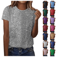 thumbnail image 1 of yoeyez New Year Eve Outfit Sparkly Tops for Women Short Sleeve Sequin Top Round Neck Party Glitter Tees for Holiday Evening Club White,L, 1 of 7