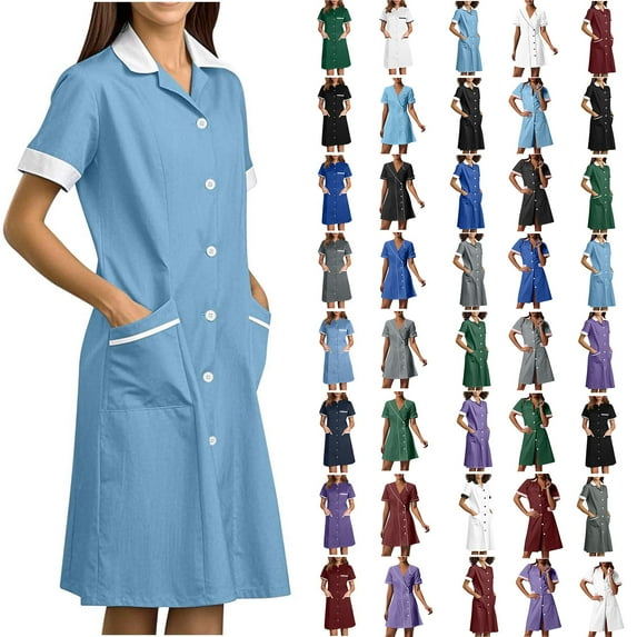 yoeyez Nurses Scrub Dress Uniforms Women's Solid Color Splicing Knee Length Dresses with Pocket Casual Short Sleeve V-Neck Holiday Workwear Navy,XXL