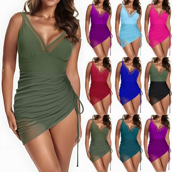 yoeyez One Piece Swim Dress for Women Mesh Sheer Sarong Swimsuits Slimming Tummy Control Swim suits Wraps V Neck Side Tie Ruched Beachwear,Blue,XXL
