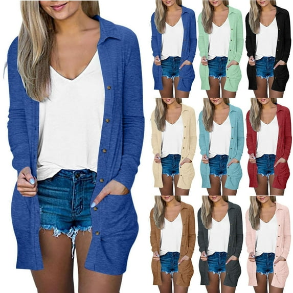 yoeyez Open Front Cardigan Sweaters for Women Lightweight Button Down Lapel Collar Cardigans Solid Color Outwear with Pockets Blue,S