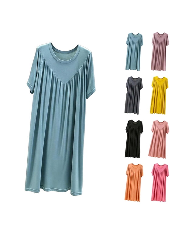 Plus Size Pajamas Dress for Women Crew Neck Full Bust Gathering Nightgown Short Sleeve Loose Flowy Night Dresses Solid Color Loungewear Gray,XL