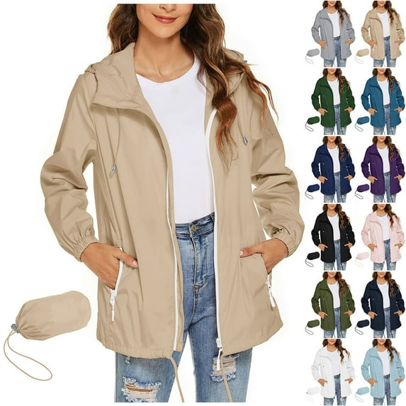 yoeyez Plus Size Rain Jacket for Women Solid Color Lightweight Portable Raincoat with Hood Long Sleeve Waterproof Rain Coats for Women Purple,M