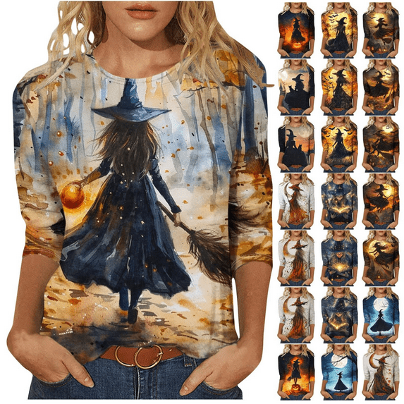 yoeyez Plus Size Shirts for Women Fall Halloween 3/4 Sleeve Tunics Funny Round Neck Casual Loose Tees Shirt Multicolor,S