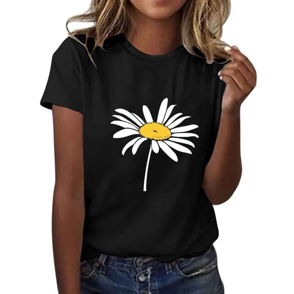 yoeyez Plus Size Sunflower Shirts for Women Cute Flower Print Christian T-shirt Summer Women Short Sleeve Graphic Tee Tops Black,XXL