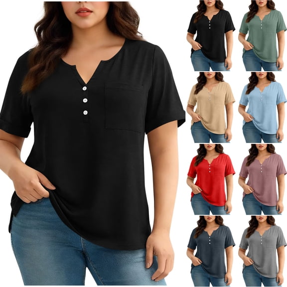yoeyez Plus Size Tops for Women with Pocket Summer Tops Short Sleeve Shirts Fashion Buttons V Neck Blouse Dressy Casual Tunic T Shirts Light Blue,XXXL