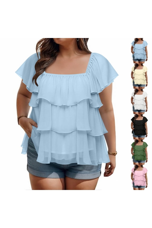 Plus Size Tops for Women Chiffon Ruffle Layered Peplum Blouses Swing Sleeve Square Neck Flowy Babydoll Top Light Blue,XXL