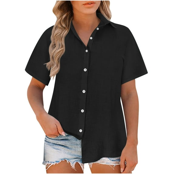 yoeyez Plus Size Trendy Tops for Womens Cotton Linen Short Sleeve Blouse Buttons Laple Neck Plain Tee Tops Fashion Casual Tunic Blouses Black 2XL