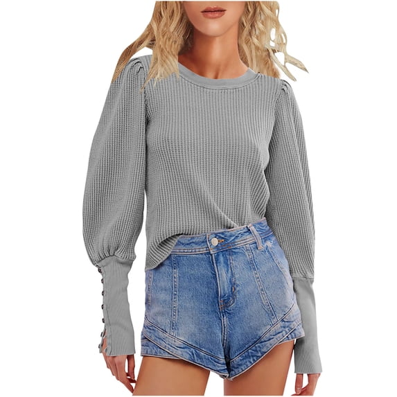 yoeyez Puff Long Sleeve Shirts for Women Casual Crewneck Waffle Knit Blouse Tops Split Button Cuffed Crop Pullover Shirts Deals of Today Prime Gray L